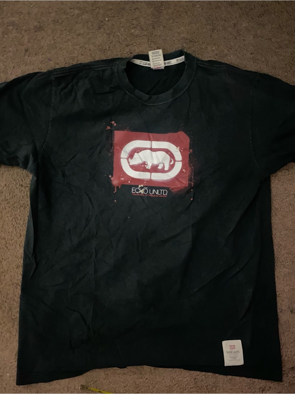 Ecko Unlimited Black Short Sleeve Tee with Red and White Rhino Graphic